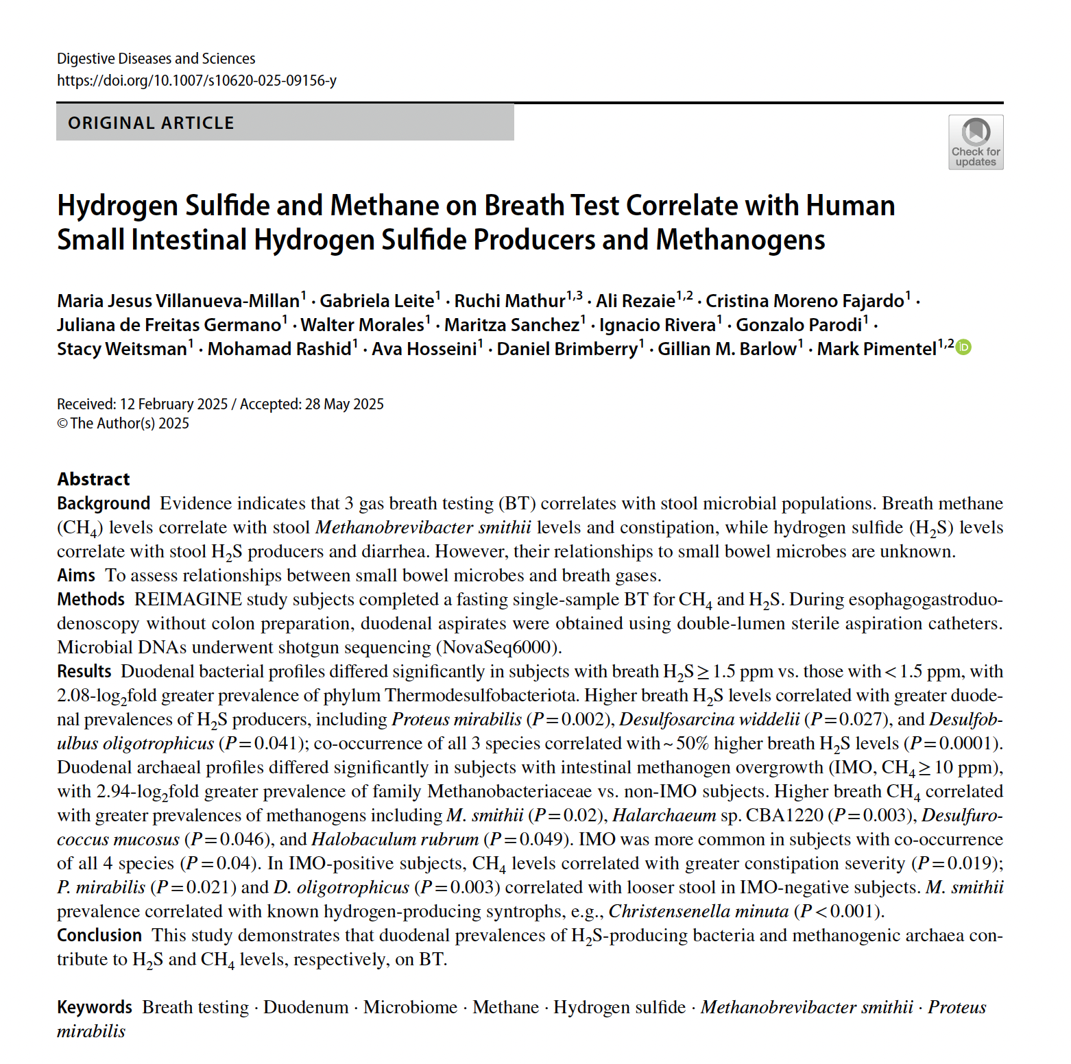 Hydrogen Sulfide and Methane on Breath Test Correlate with Human Small Intestinal Hydrogen Sulfide Producers and Methanogens